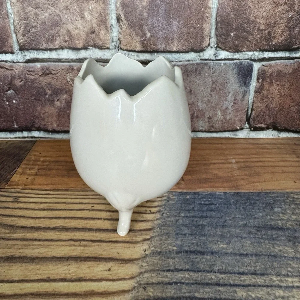 Lefton Cracked Egg‎ Vase Planter #5526 Porcelain 3 Footed Yellow Floral Vtg MCM